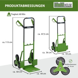 TRUTZHOLM Sackkarre, klappbar und höhenverstellbar, mit Treppenrädern und Maßangaben.