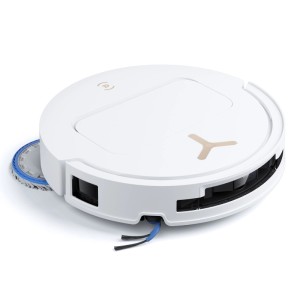Weißer ECOVACS DEEBOT T50 PRO OMNI Saug- & Wischroboter, rund, mit blauen Bürsten und Wischpad. Modernes, ultraflaches Design.