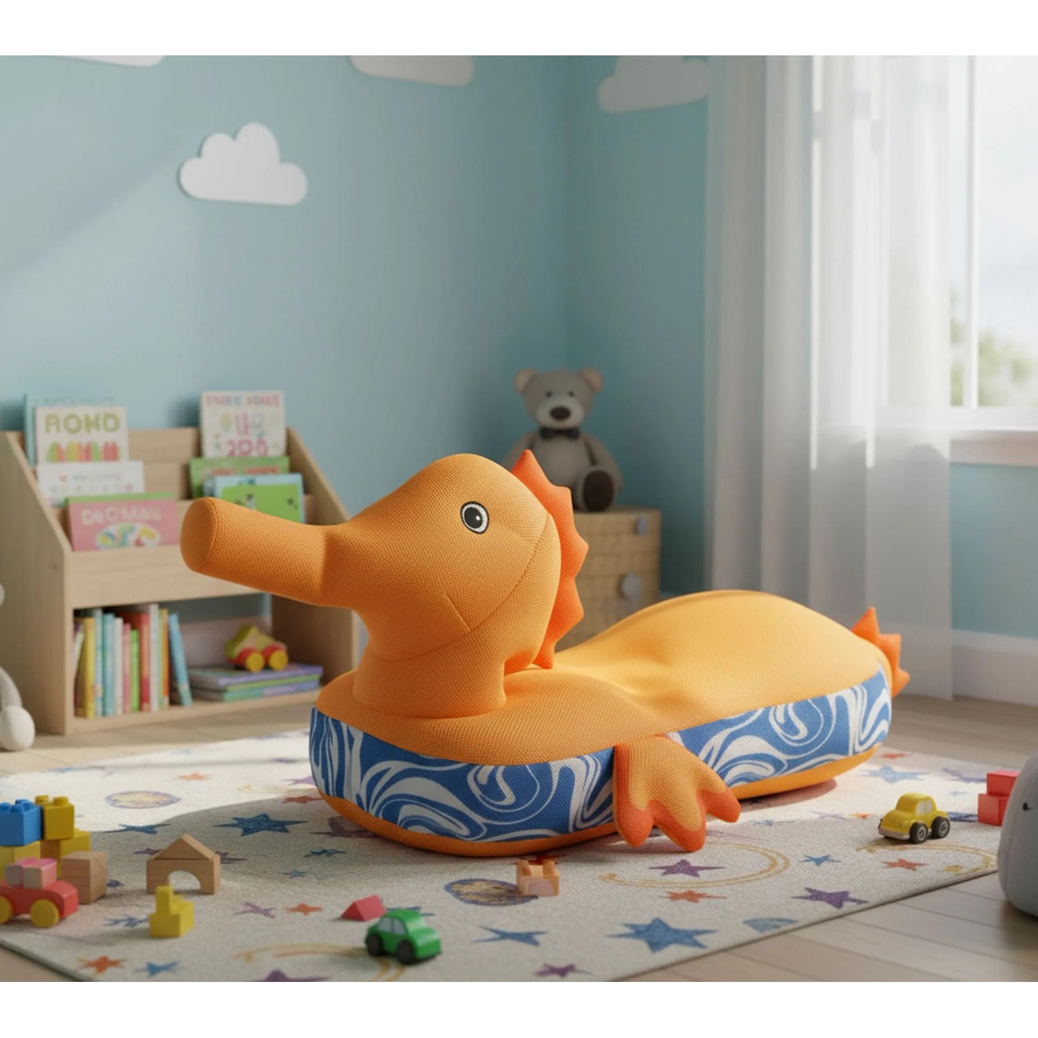 Gelber Westmann Sitzsack als Seepferdchen Schwimmtier für Kinder.
