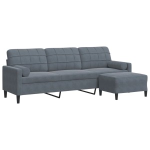 Dunkelgraues 3-Sitzer Sofa mit Hocker (vidaXL). Relaxsofa aus Samt mit Metallgestell.