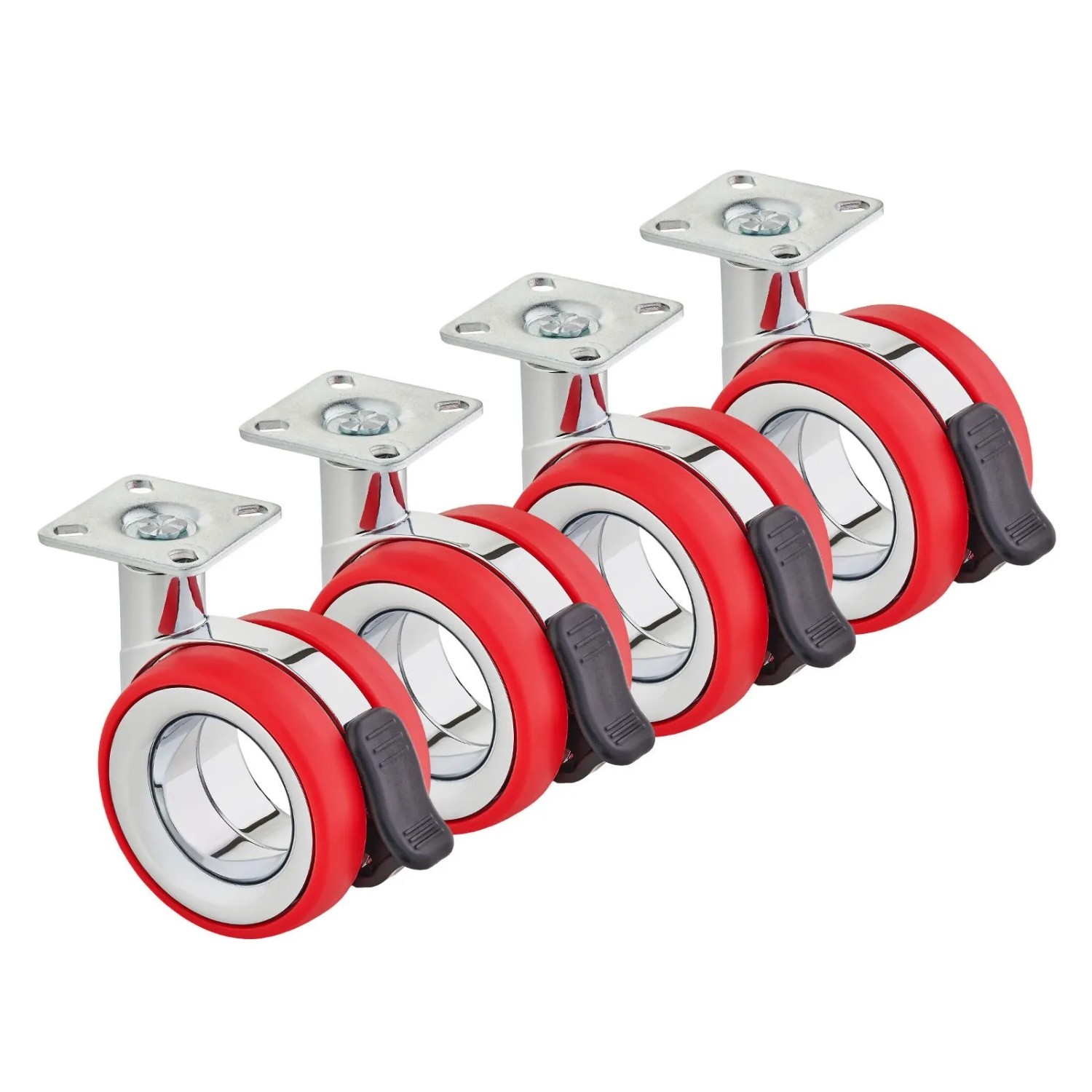 SOTECH 4er Set Premium Möbelrolle DÜSSELDORF Ø75 mm Höhe 98,5 mm Chrom Rot mit Bremse Anschraubplatte 47 x 47 mm