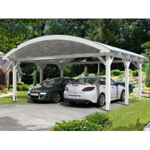 Weißes Skan Holz Bogendach-Carport Franken für zwei Autos im Garten.