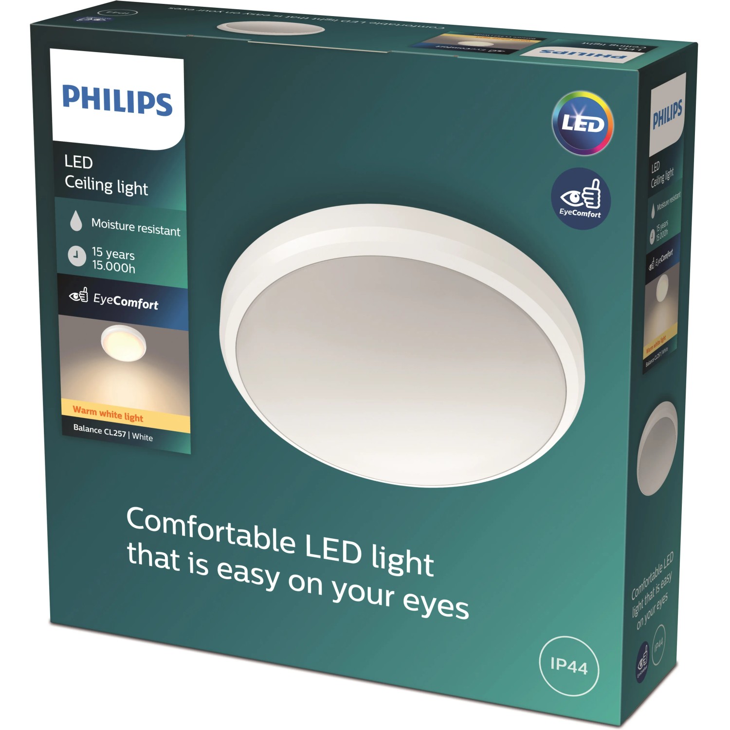 Verpackung der runden, weißen Philips LED-Deckenleuchte Balance mit 600 Lumen und IP44 Schutz.