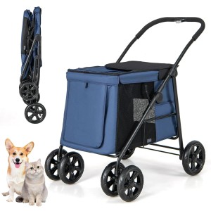 Blauer, klappbarer Costway Hundebuggy mit Netzfenstern und gepolstertem Griff. Geeignet für Haustiere bis 40 kg.
