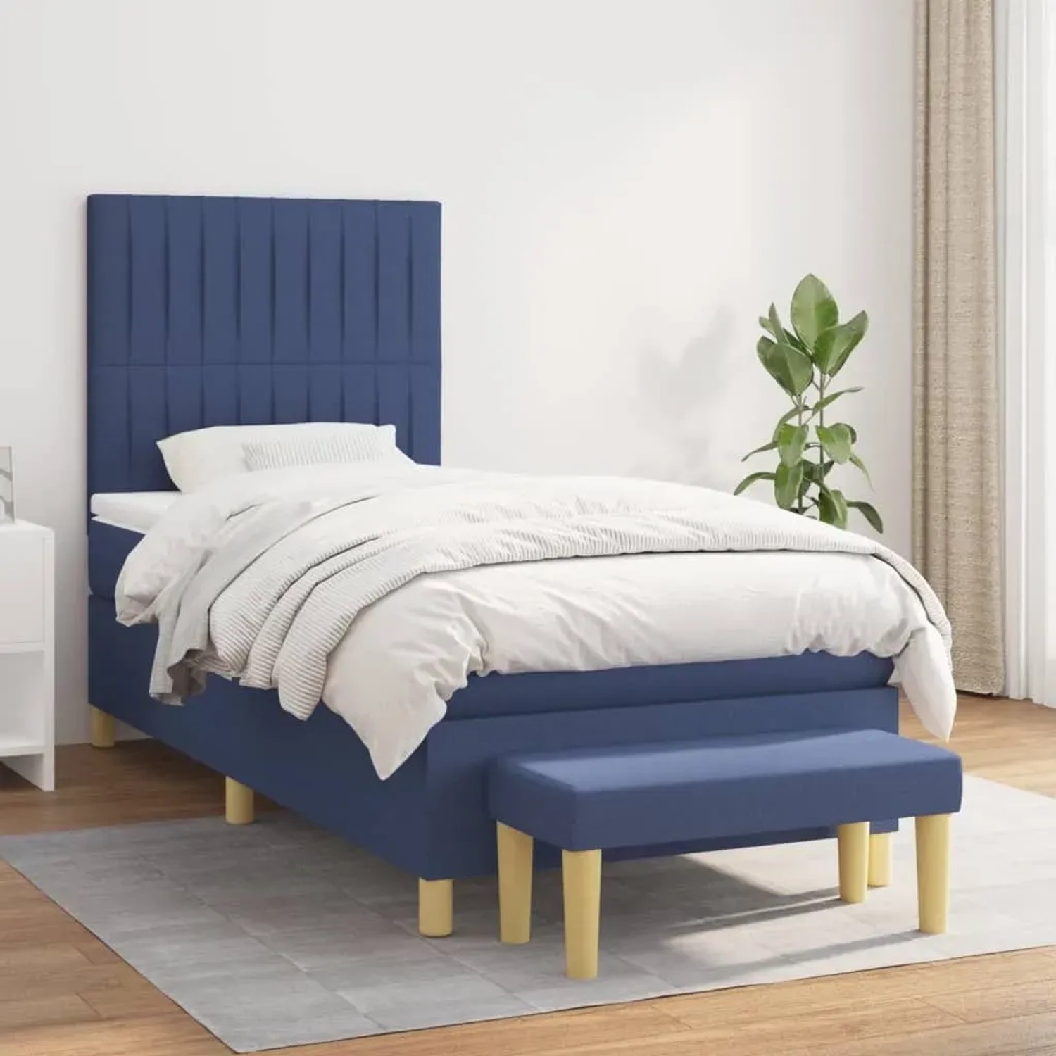 Blaues Boxspringbett (100x200 cm) mit Matratze und Bank, Stoffbezug.