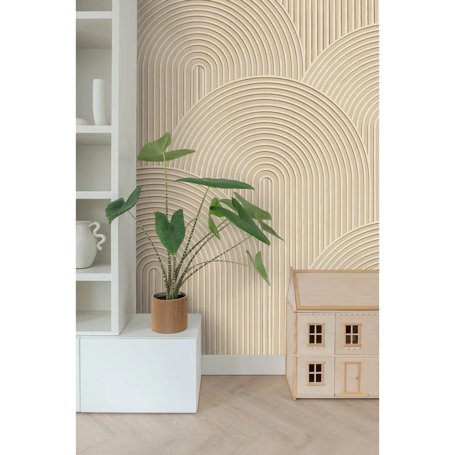ESTAhome Fototapete mit 3D Sandbeige Muster, Bögen und Linien für Wohnraum.