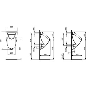 Technische Zeichnung: Ideal Standard Eurovit Urinal, Absaugeurinal mit Zulauf von hinten, Maße und Details.