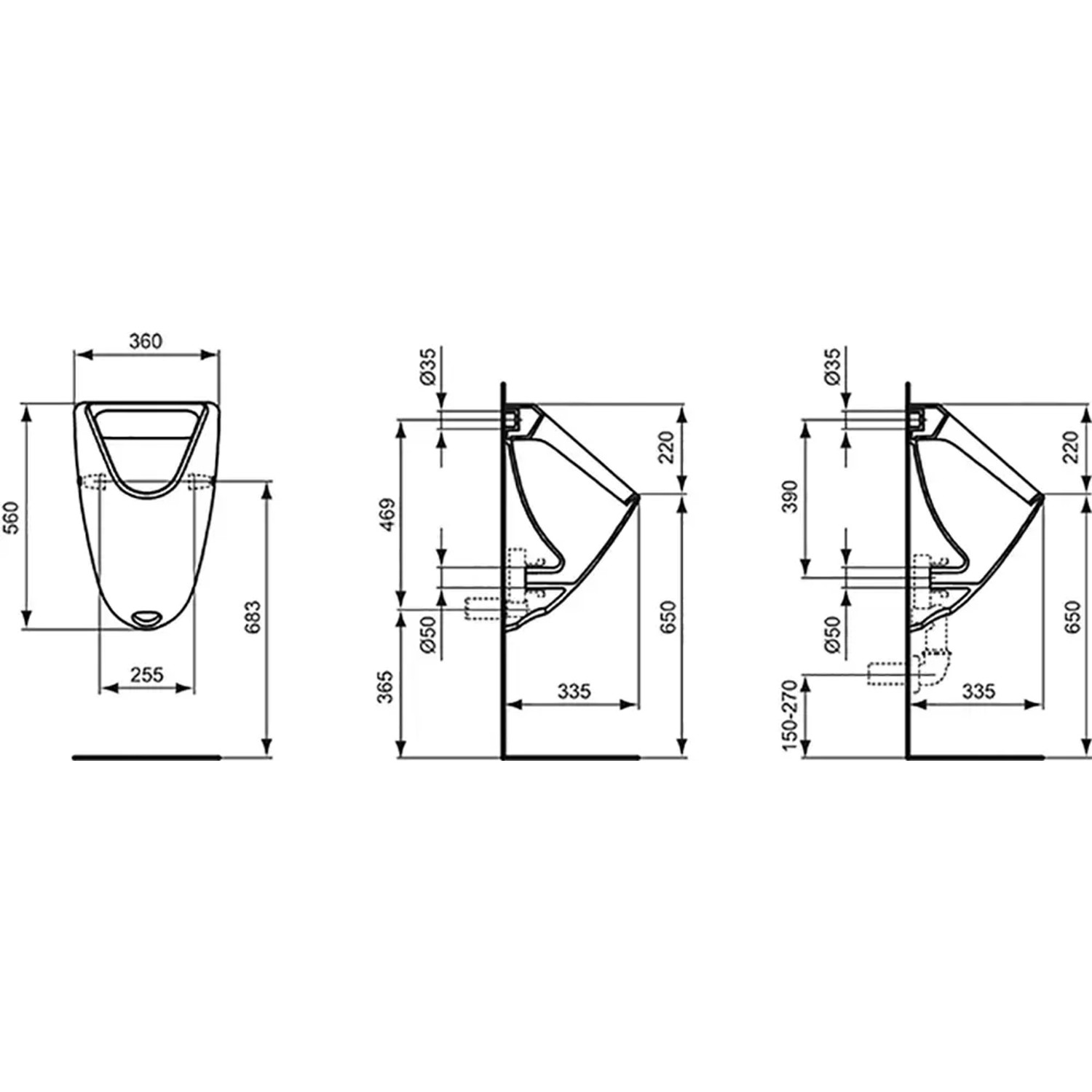 Technische Zeichnung: Ideal Standard Eurovit Urinal, Absaugeurinal mit Zulauf von hinten, Maße und Details.