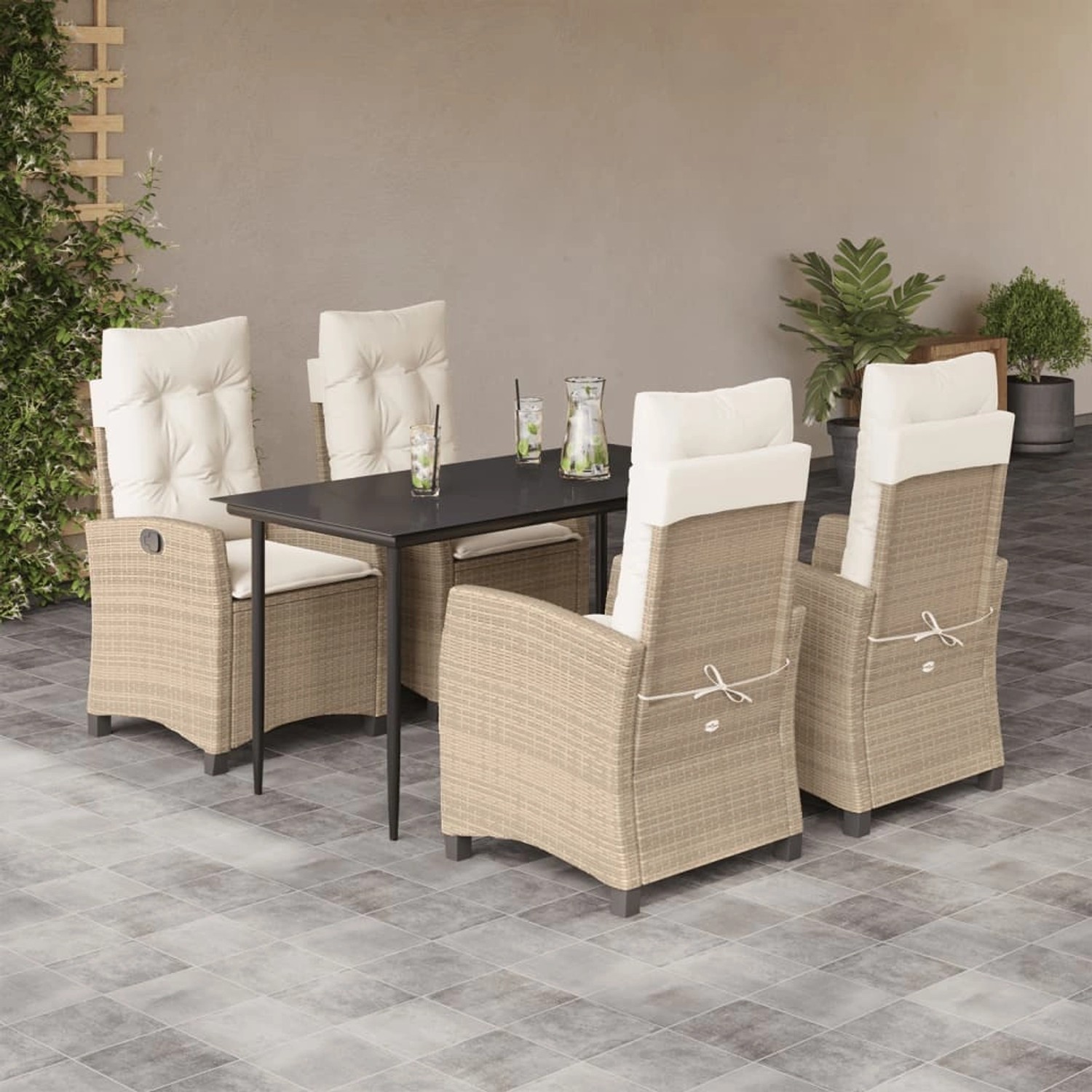 5-teilige Garten Essgruppe aus Rattan mit Kissen in Beige. Gartenmöbel Set mit Tisch und 4 Stühlen.