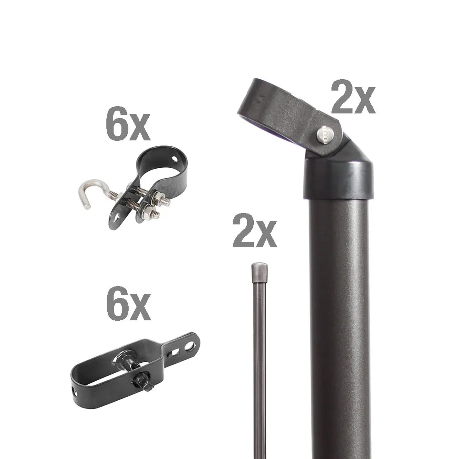 Eck-Set für Maschendrahtzaun, anthrazit-metallic, 150cm hoch, zum Einbetonieren, bestehend aus Streben, Schellen und Drahtspannern.