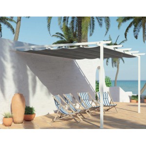 Gardengate Anbaupergola Vittal, 3x3m, weißes Aluminiumgestell mit grauem Textildach, an Hauswand montiert.