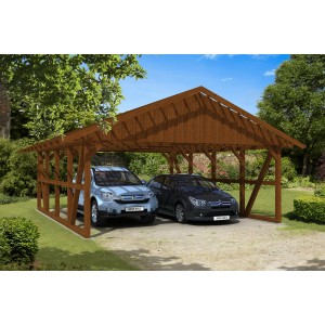 Skan Holz Carport Schwarzwald Nuss, Fachwerk-Bauweise mit zwei geparkten Autos.