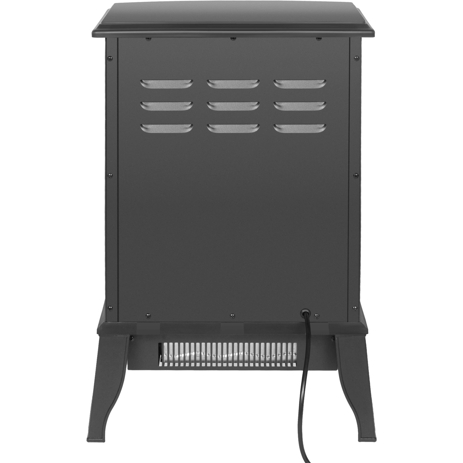Rückansicht des schwarzen El Fuego Elektrokamin Como mit Heizung und Retro-Design.