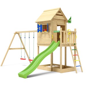 Jungle Gym Spielturm Hideout mit Schaukeln, Rutsche und Dach. Holz natur mit grünen Akzenten.