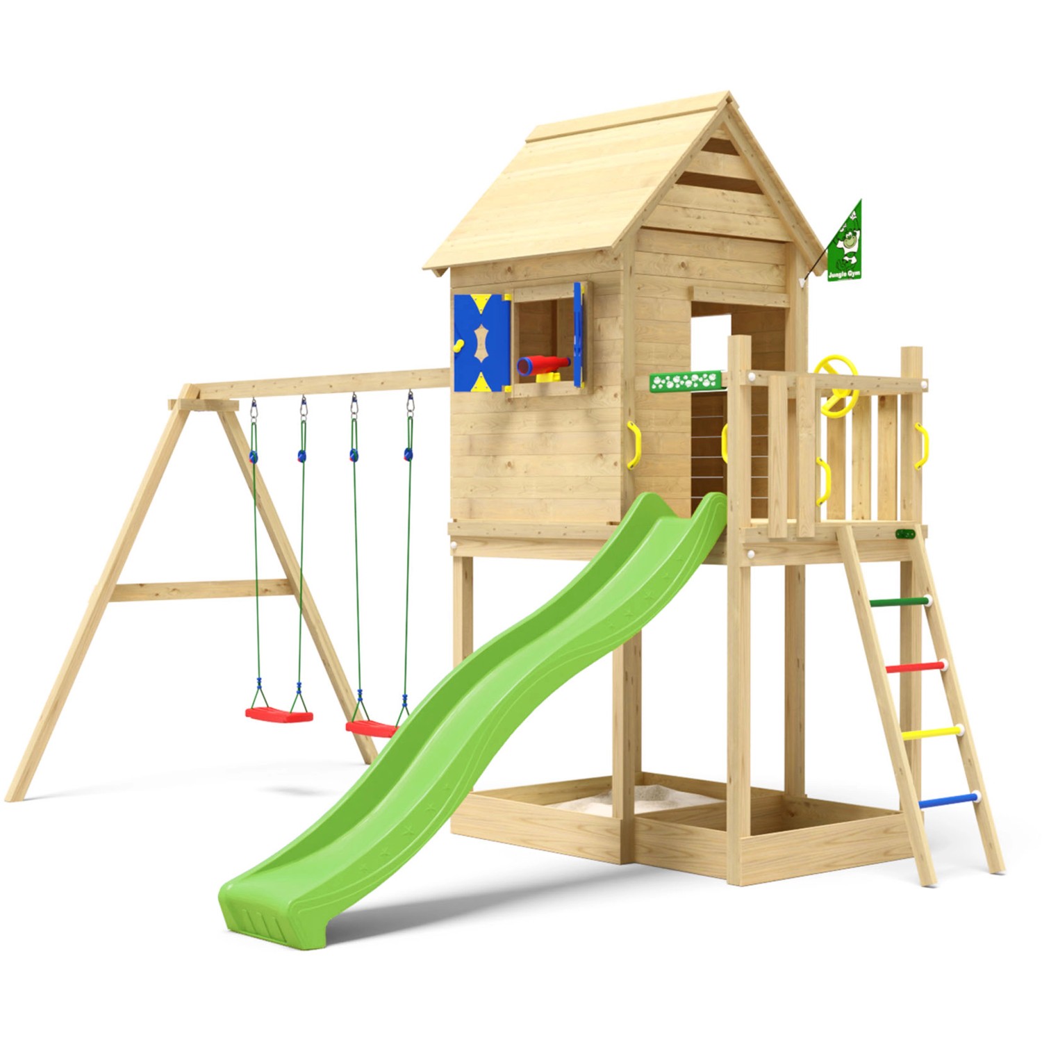 Jungle Gym Spielturm Holz Hideout mit Dach 2 Schaukeln Fensterl. Rutsche He günstig online kaufen