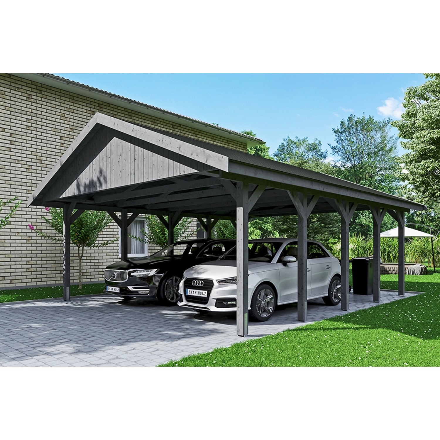 Satteldach-Carport Wallgau Schiefergrau 620 x 750 cm schwarze Schindeln