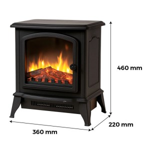 Schwarzer Sannover Elektrokamin Xelia mit realistischem 3D-Flammeneffekt, 1800 W Heizleistung, 46x36x22 cm.
