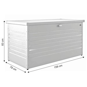 Weiße Biohort Freizeitbox 160 High (83x159x79cm) zur Aufbewahrung von Gartenutensilien.