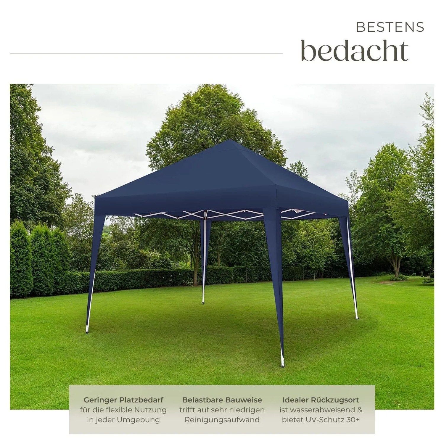 Blauer, faltbarer Tectake Pavillon Linosa 3x3 m im Garten.