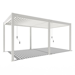 Weißer Weide Classic Pavillon 3x5,3m mit Alu-Stahl-Konstruktion und Lamellen zur individuellen Lichtsteuerung.
