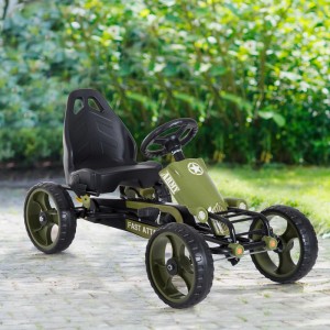 Grünes HOMCOM Go Kart Tretauto für Kinder mit Handbremse, verstellbarem Sitz und 'ARMY'-Design.