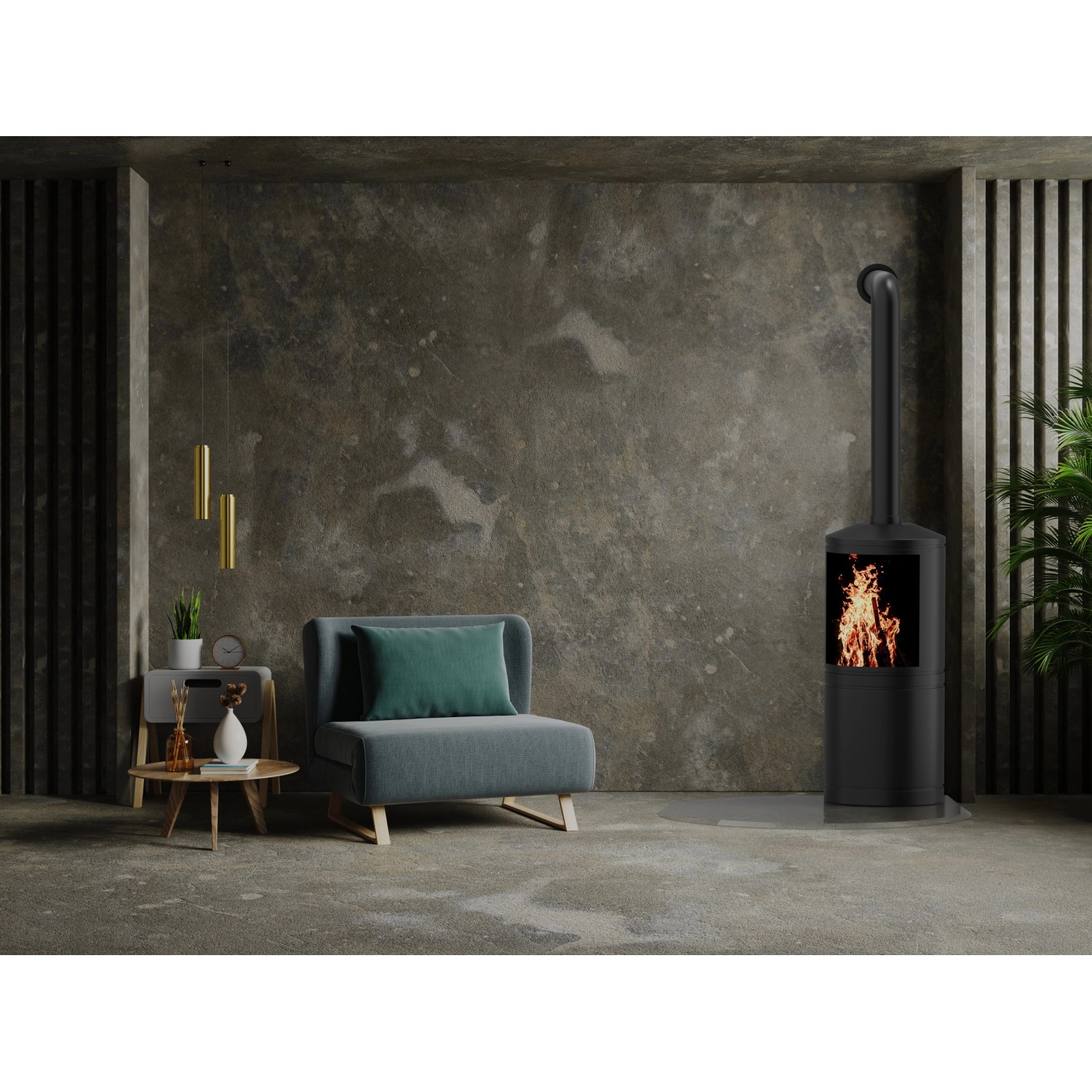 Glasbodenplatte Tropfenform (125x125cm) unter Kaminofen im Wohnraum. Klarglas Zubehör für Kamine & Öfen.