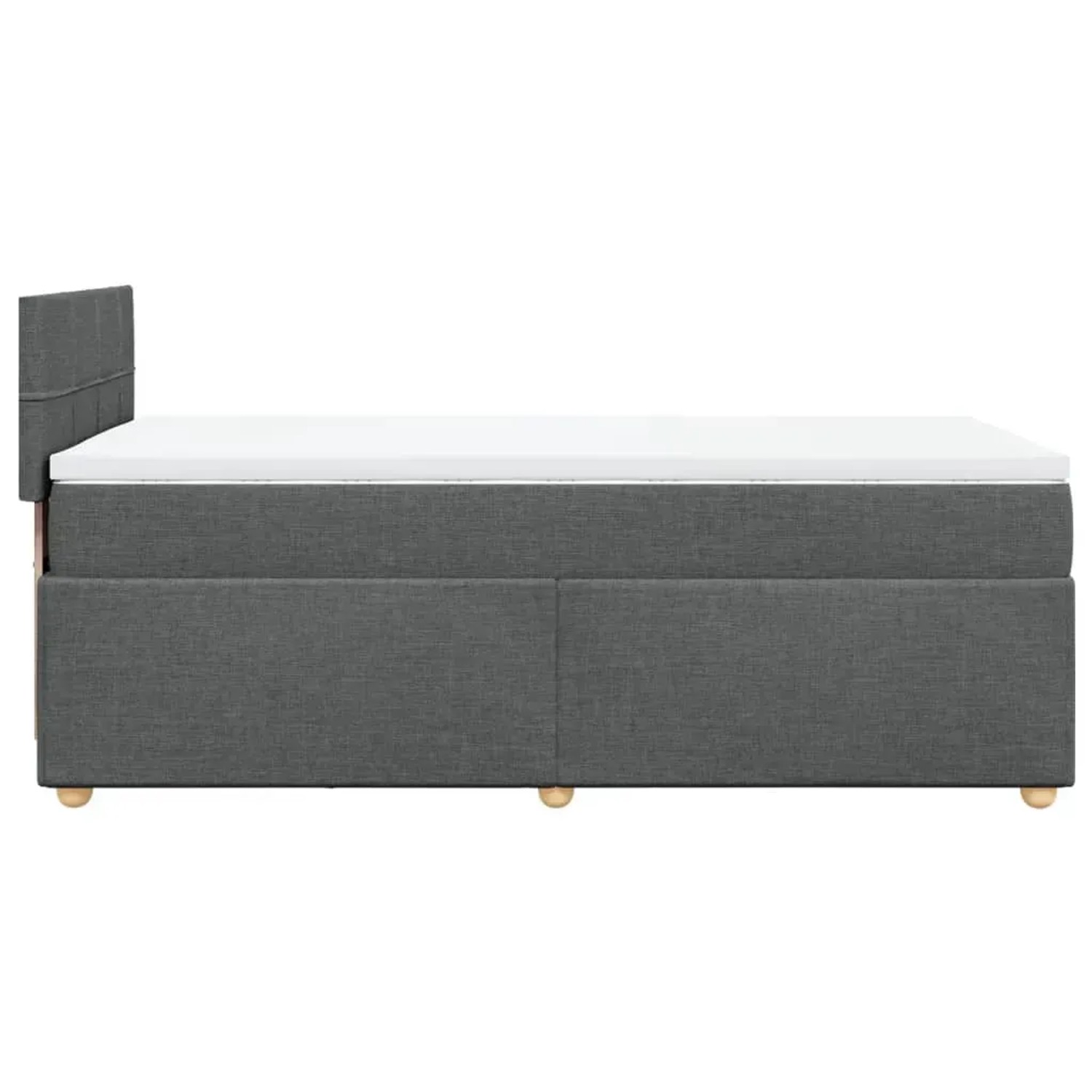 Dunkelgraues Boxspringbett 80x200 cm mit Matratze und weißem Topper.