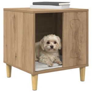 vidaXL Hundehütte aus Kunsthandwerk Eiche Holzwerkstoff. Kleiner Hund auf Kissen im modernen Design.