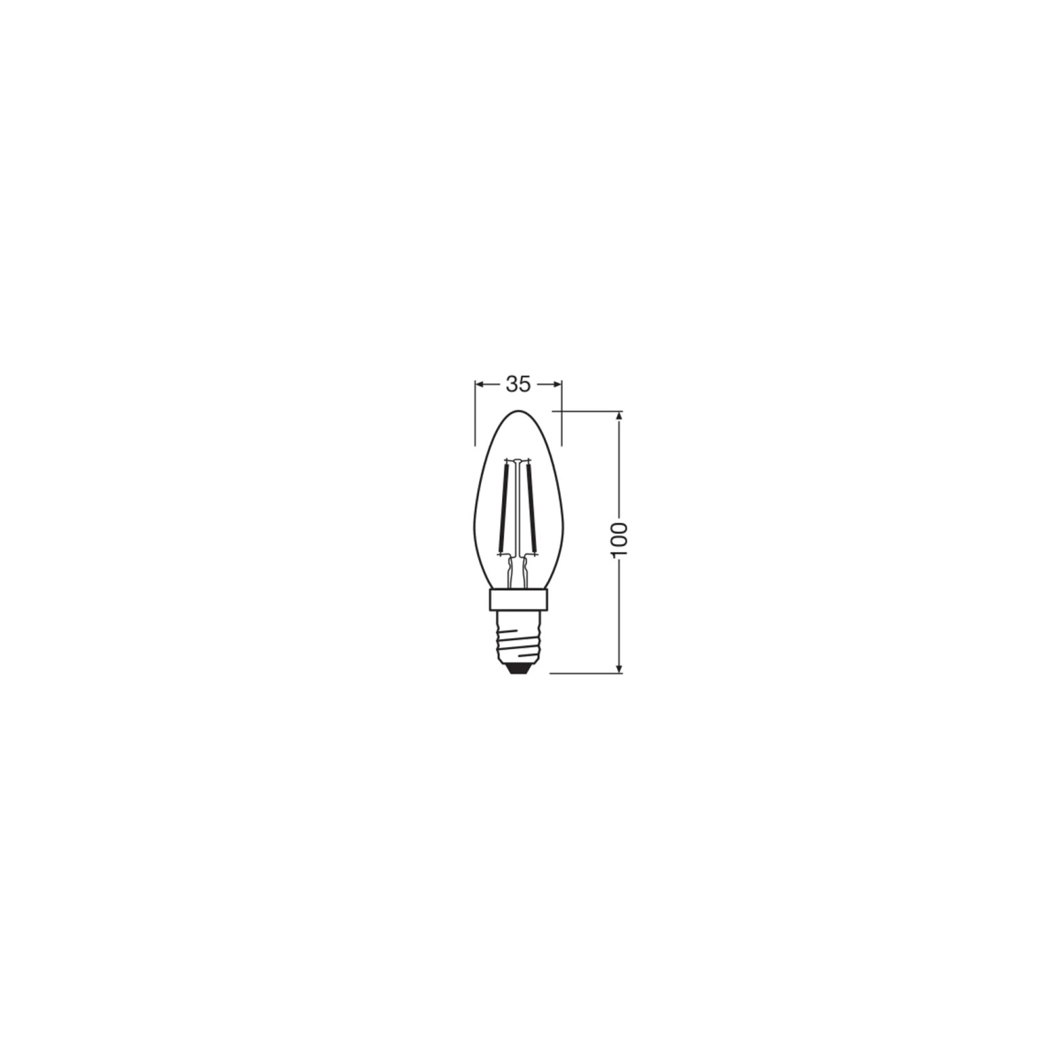 Technische Zeichnung: Osram LED-Leuchtmittel E14 Kerzenform, Maße 10 x 3,5 cm.