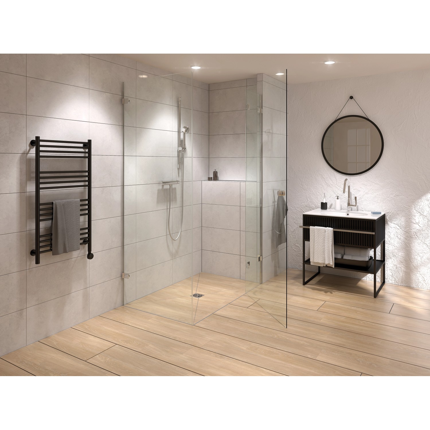 Begehbares, rechteckiges Duschboard 100x100 cm mit waagerechtem Ablauf in modernem Bad.