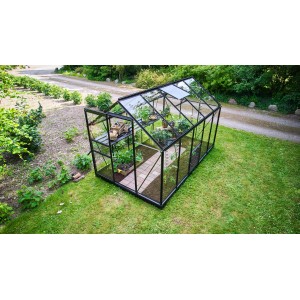 Schwarzes Halls Gewächshaus Popular 106 mit Pflanzen auf Rasenfläche.