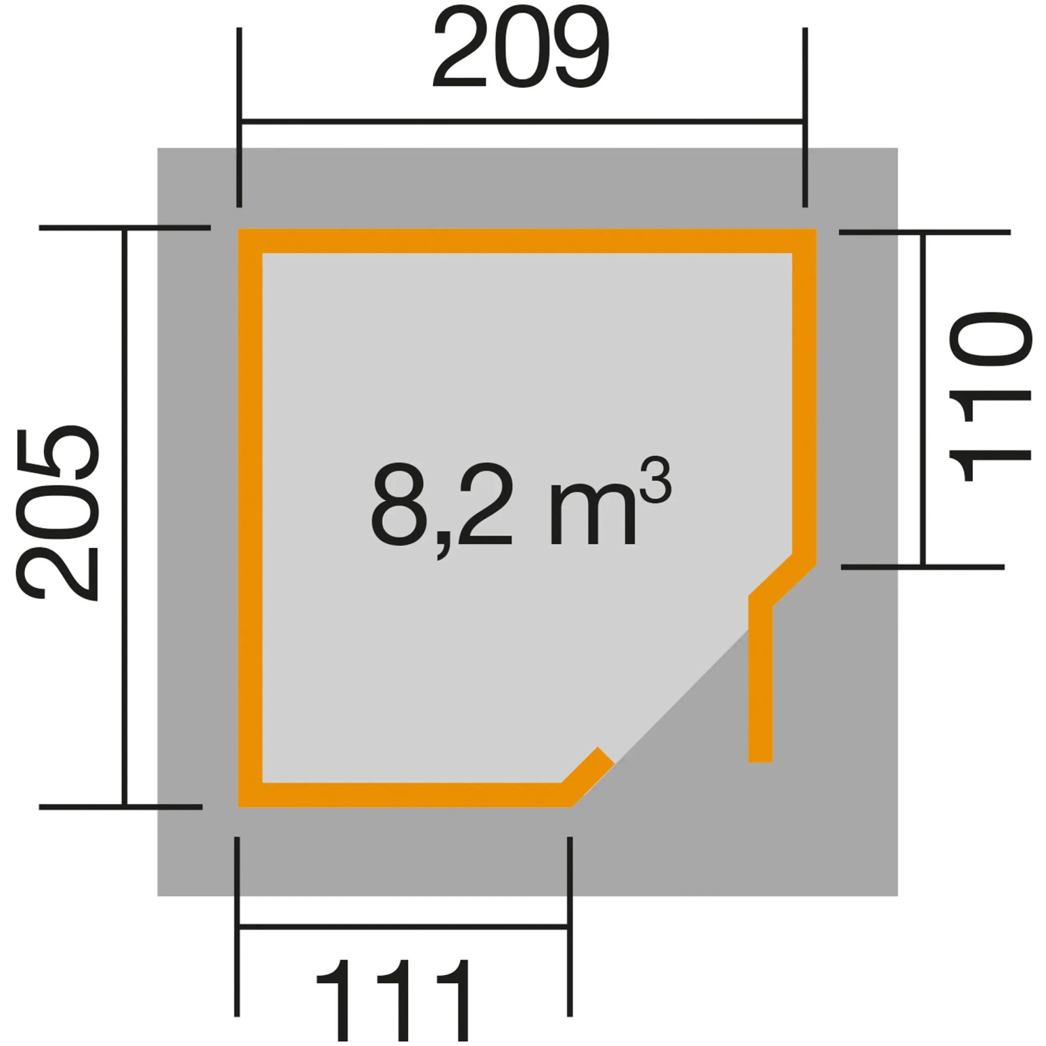 Grundriss des grauen weka Holz-Gartenhauses Angolo A (209x205 cm) mit Flachdach.