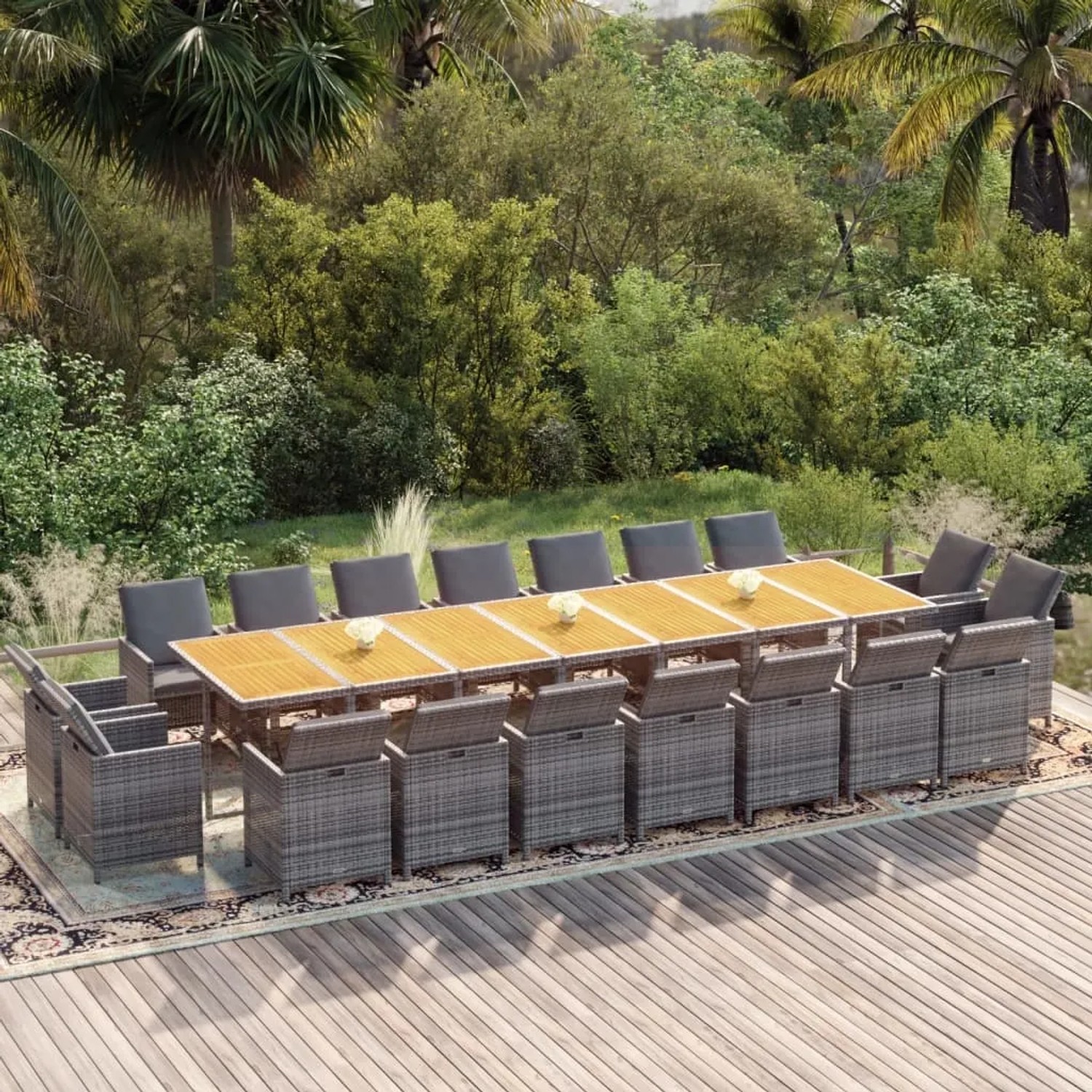 Graue 19-tlg. vidaXL Garten-Essgruppe mit Kissen, bestehend aus Tisch und Stühlen aus Polyrattan.