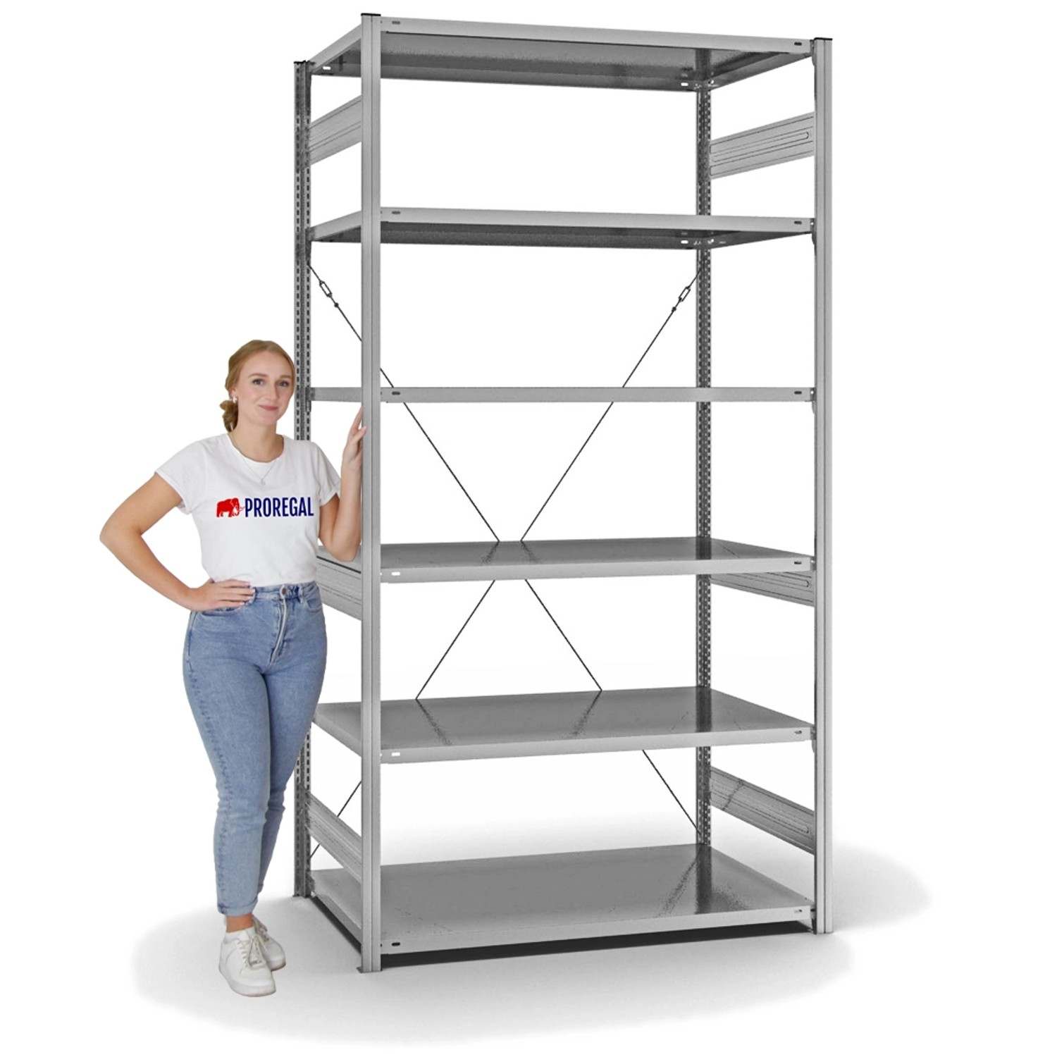 PROREGAL Fachbodenregal, Stecksystem, 6 Ebenen, verzinkt, mit Frau als Größenvergleich.