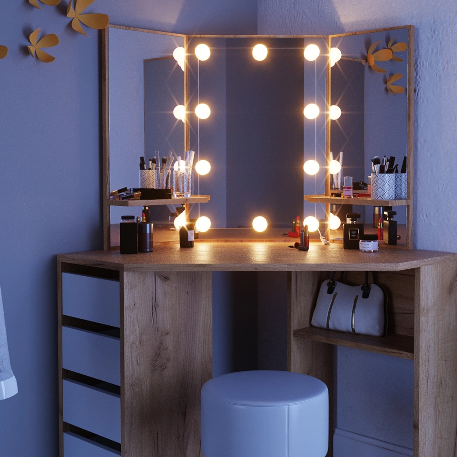 Vicco Eckschminktisch Arielle in Goldkraft Eiche mit LED, Hocker und Spiegel.