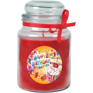 Duftkerze "Happy Birthday" im Glas mit rotem Wachs und Schleife. Bonbon Rose Cupcake Design.
