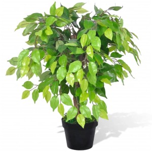 Künstlicher Zwerg-Ficus, 60 cm hoch, mit grün-gelben Blättern im schwarzen Topf.