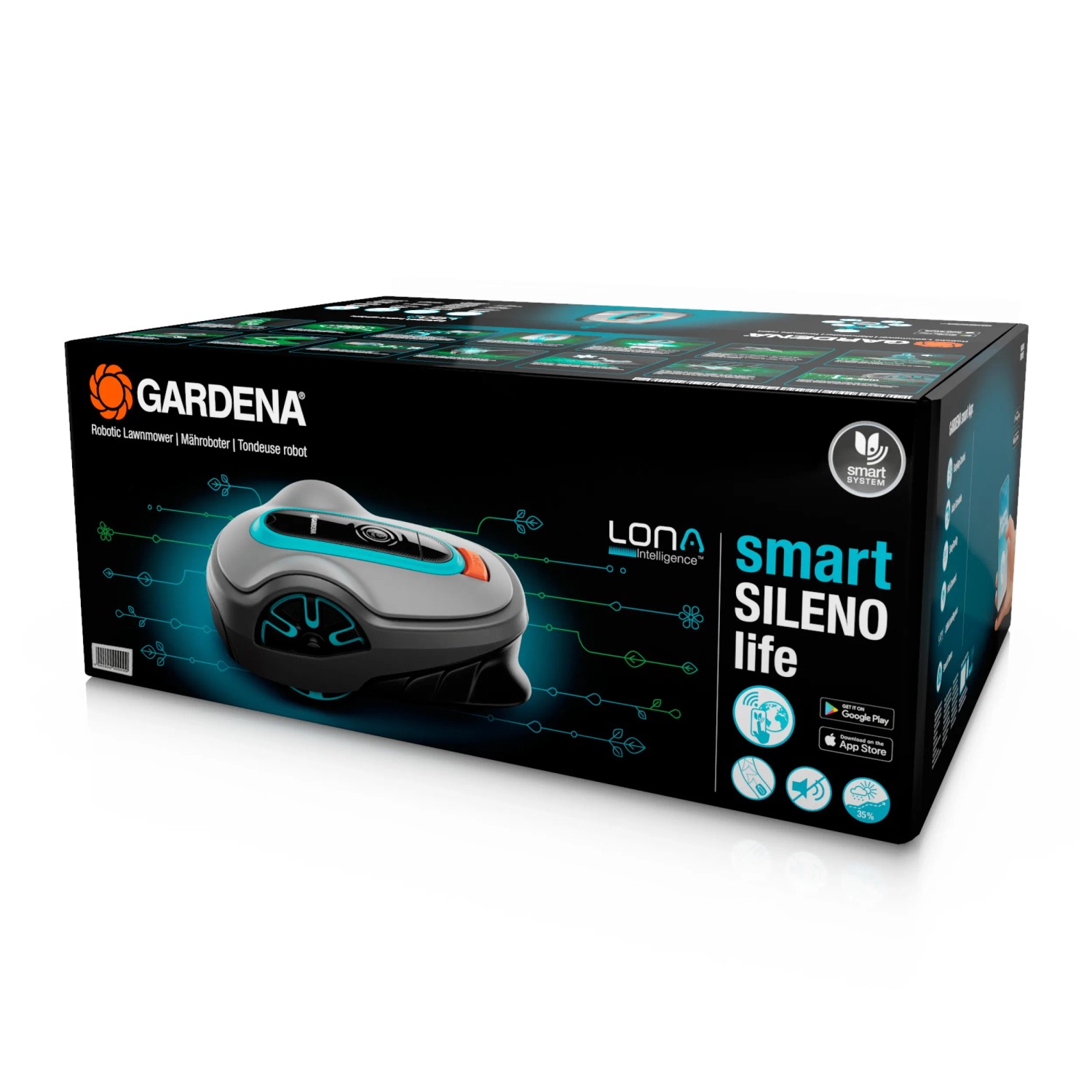 Verpackung des Gardena Mähroboter smart Sileno life 1.000 m² mit Produktabbildung.