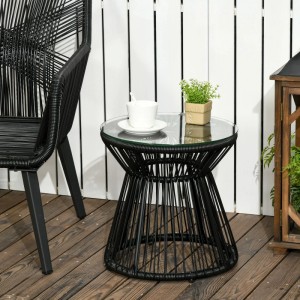 Schwarzer Outsunny Rattan Beistelltisch mit Glasplatte, konischem PE-Geflecht. Ideal für Garten und Terrasse.