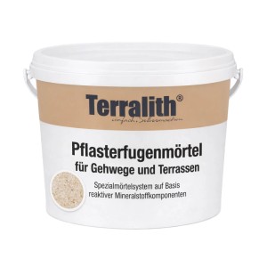 Weißer Terralith Pflasterfugenmörtel Eimer, Natur Beige, mit Muster für Gehwege und Terrassen.