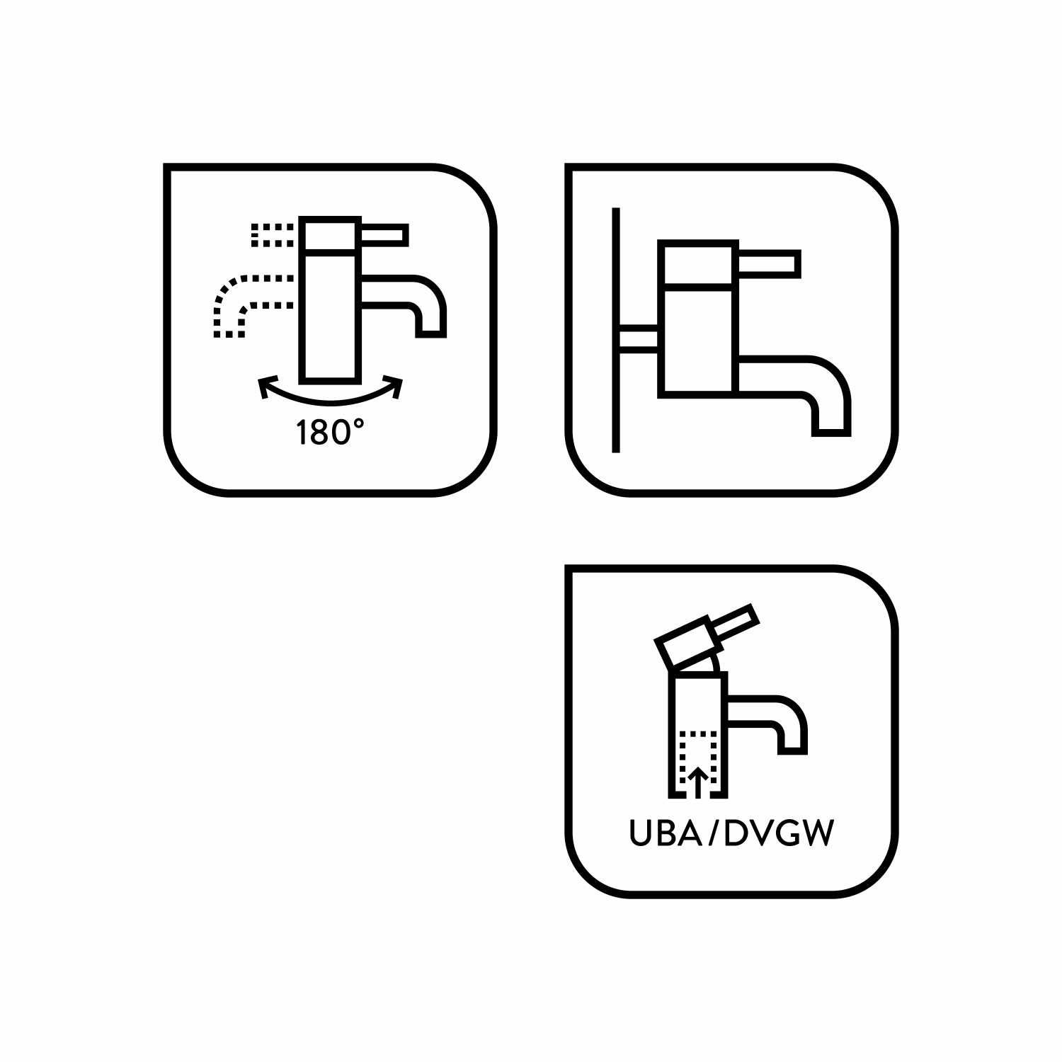 Piktogramme der Küchenarmatur: 180° Schwenkbereich, Wandmontage, UBA/DVGW Zertifizierung.