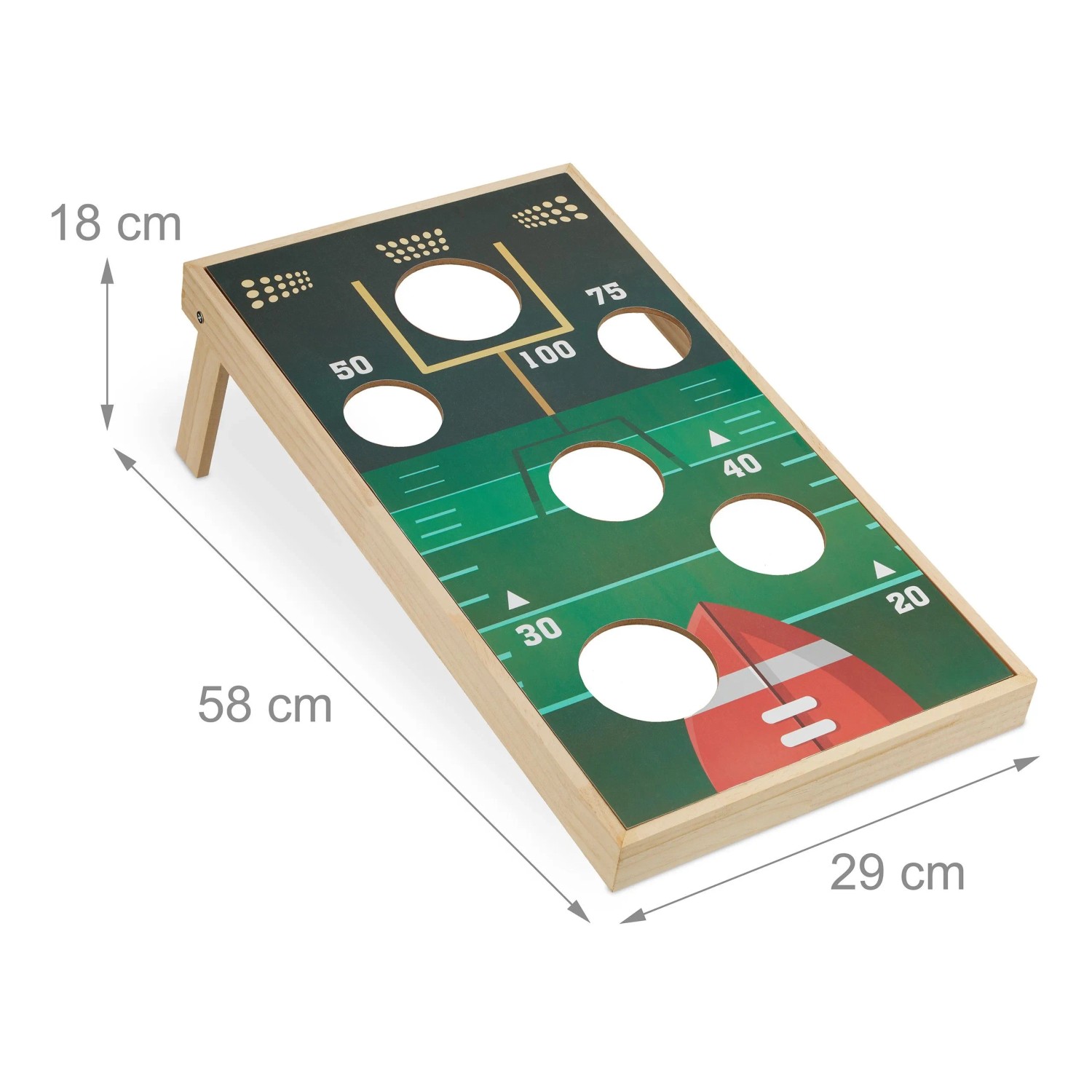 Relaxdays Cornhole Wurfspiel aus MDF, mehrfarbig, mit Football-Design und 6 Löchern. Maße: 18x29x58 cm. Ideal für Garten & Freizeit.