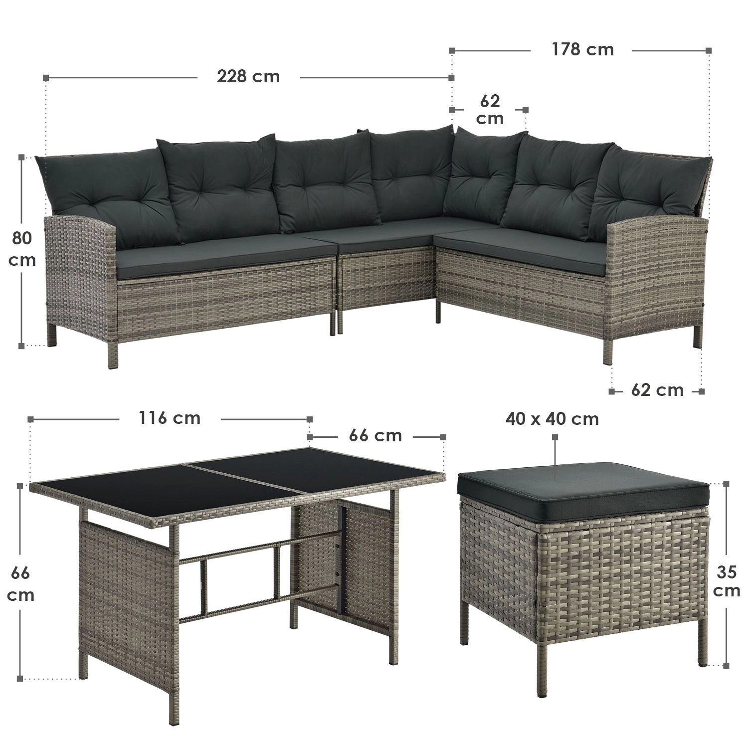 Juskys Polyrattan Lounge Manacor, grau meliert, mit Tisch und Hockern. Gartenmöbel Set mit dunklen Bezügen.