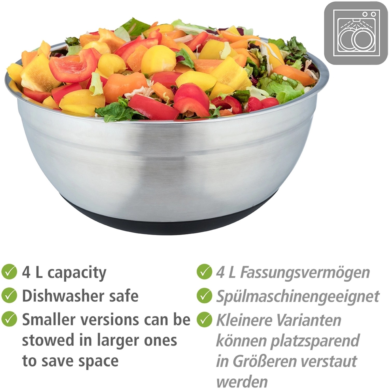 Wenko Schüssel Aru, 4 l, gefüllt mit Salat. Edelstahl Servierschüssel mit Anti-Rutsch Boden.