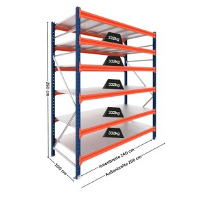 PROREGAL Schwerlastregal DOMINUS, blau-orange, 250x240x100cm, 6 Stahlplatten-Fachböden, 332 kg Last.