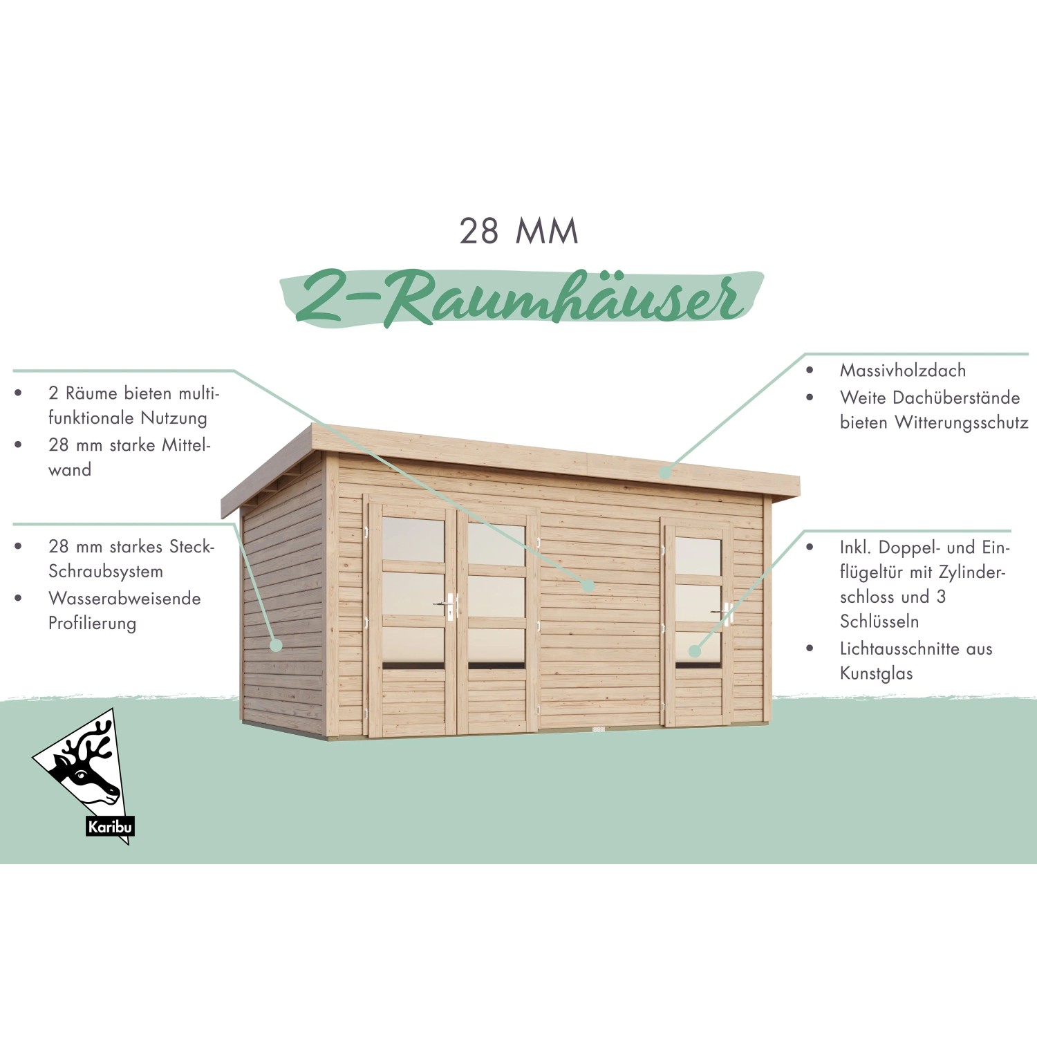 Karibu Holz-Gartenhaus Glostrup, terragrau, mit Flachdach und zwei Türen.