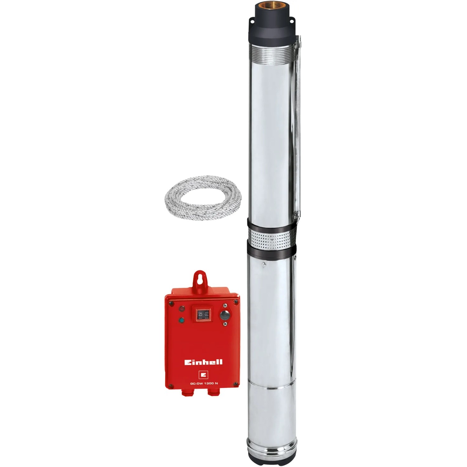 Einhell Tiefbrunnenpumpe GC-DW 1300 N mit Schaltbox, Seil und Kabel. Edelstahl Klarwasserpumpe für Brunnen.