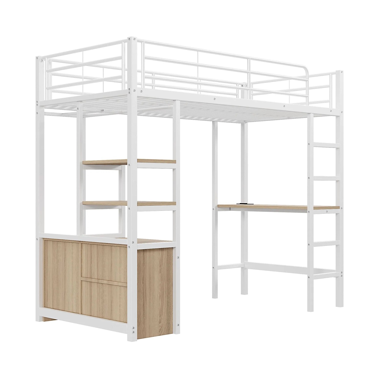 KOMHTOM Hochbett 90x200Cm Mit Schreibtisch Steckdose Usb Regale Offener Lagerschrank Geländer Leiter Eisenrahmen Weiß Ohne Matratze