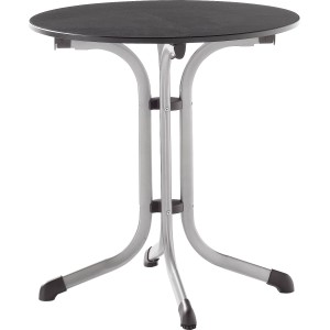 Runder, klappbarer Gartentisch in Silber/Graphit, ideal für Balkon oder Terrasse.