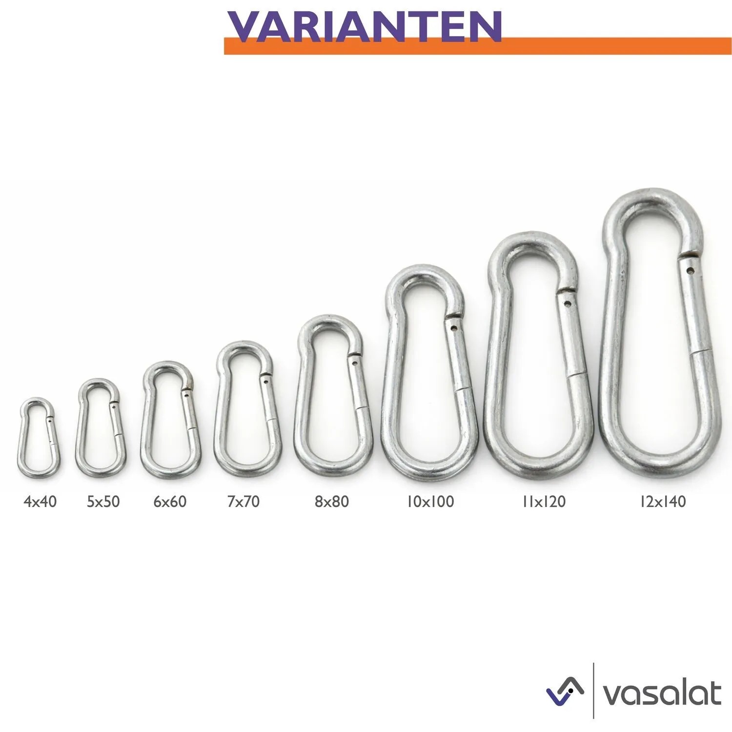 vasalat Karabiner-Set, DIN 5299C, verschiedene Größen von 4x40 mm bis 12x140 mm, 4 Stück